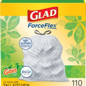 glad forceflex tall kitchen trash bags, 13 gal, gain original with febreze, 110 ct (pack may vary)