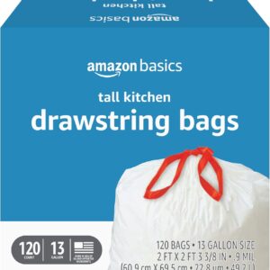 tall kitchen drawstring trash bags, sturdy and tear resistant, 13 gallon, unscented, 120 count